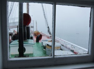 Helmsman's view on the Schooner (note dory usually stacked 6 high)