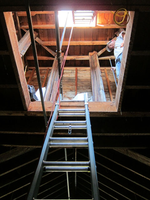 Looking up into the lower level of the cupola and you can see the ladder to the exposed tippy-top.