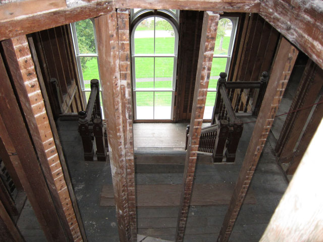 A small formerly enclosed circular stair to the removed towers, now roof. I stopped before getting to the hatch (there is a limit)