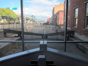 Replica Canal Boat on weighing platform giving an idea what canal looked like here.