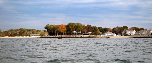 Roton Point from the Long Island Sound. Pavilion in center, roller coaster building to left.