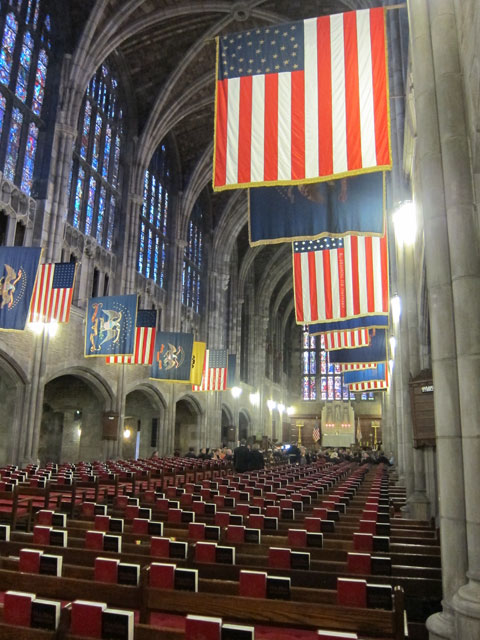 The Chapel at West Point with campaign flags