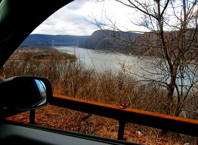 Looking north up the Hudson to the bridge and cove where the Liberty Ships were mothballed